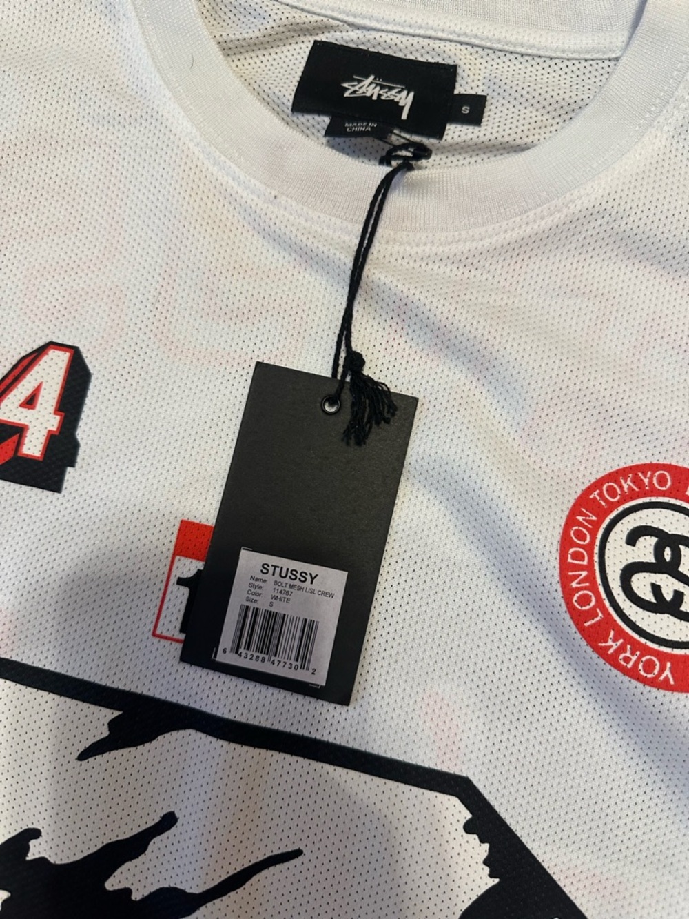 Stussy White Long Sleeve Tee with Black & Red Graphic 'S' - Picture 6 of 8